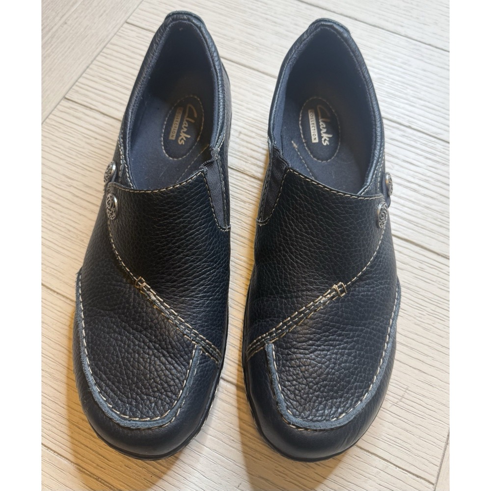 Clark's Women's Black Leather Comfort Slip On Shoes. Sz‎ 8.5M